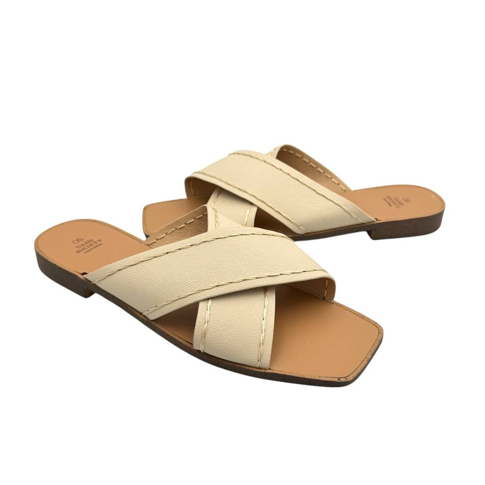 Oasis Society Neutral Cream Vegan Faux Leather Criss Cross Strappy Slide Sandals